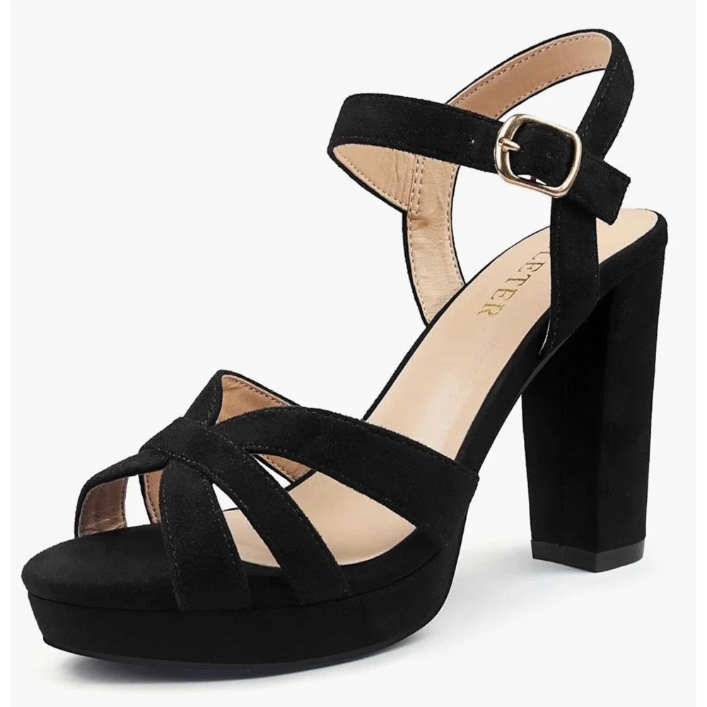 Coleter Womens Black Suede Platform Chunky Heel Sandals Open Toe Shoe Sz 7